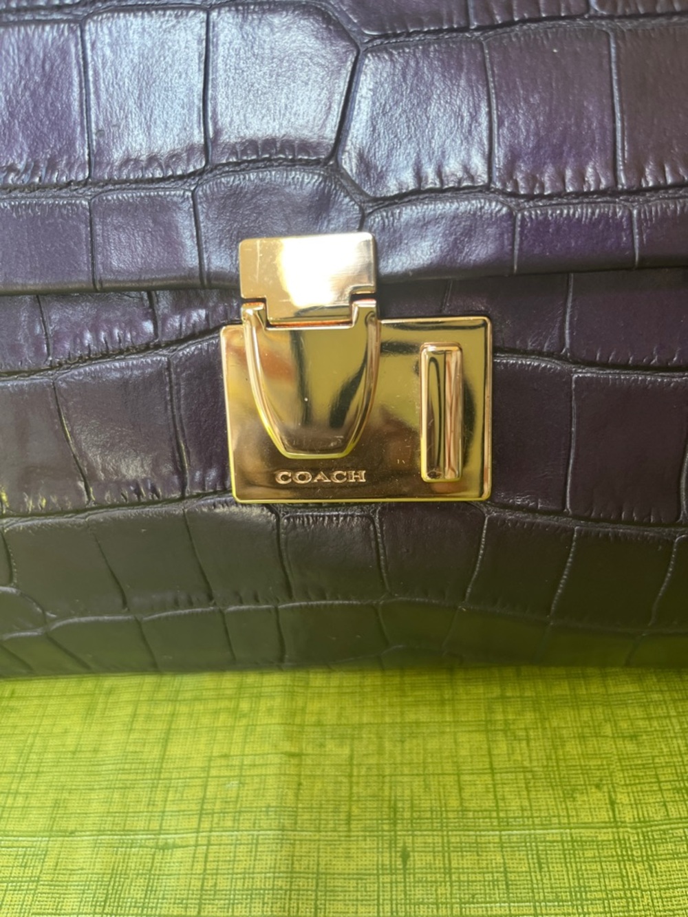 Coach Purple Croc-Embossed Leather Clutch with Gold-Tone Hardware